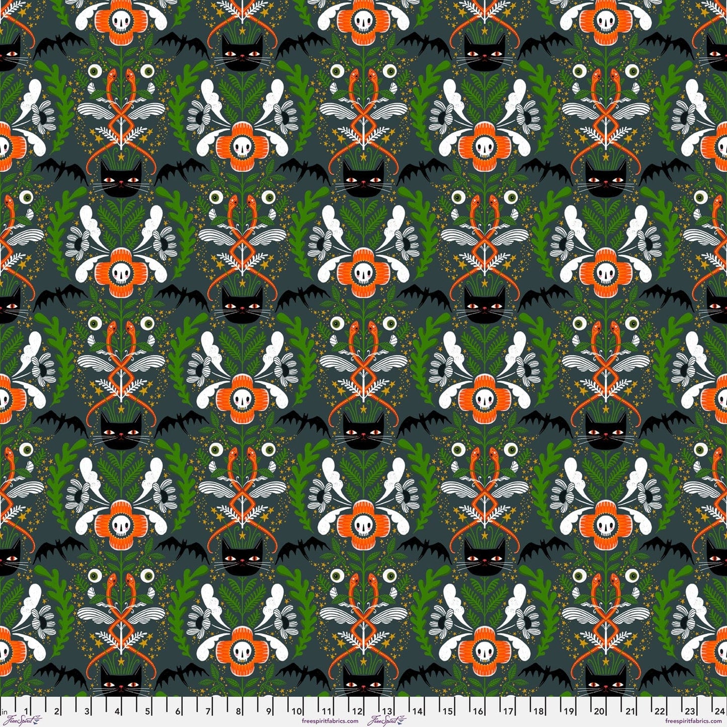 Cat Tower in Gray quilting fabric, part of the Witchy Ways fabric collection by Cori Dantini (SKU: PWCD141.XGRAY)