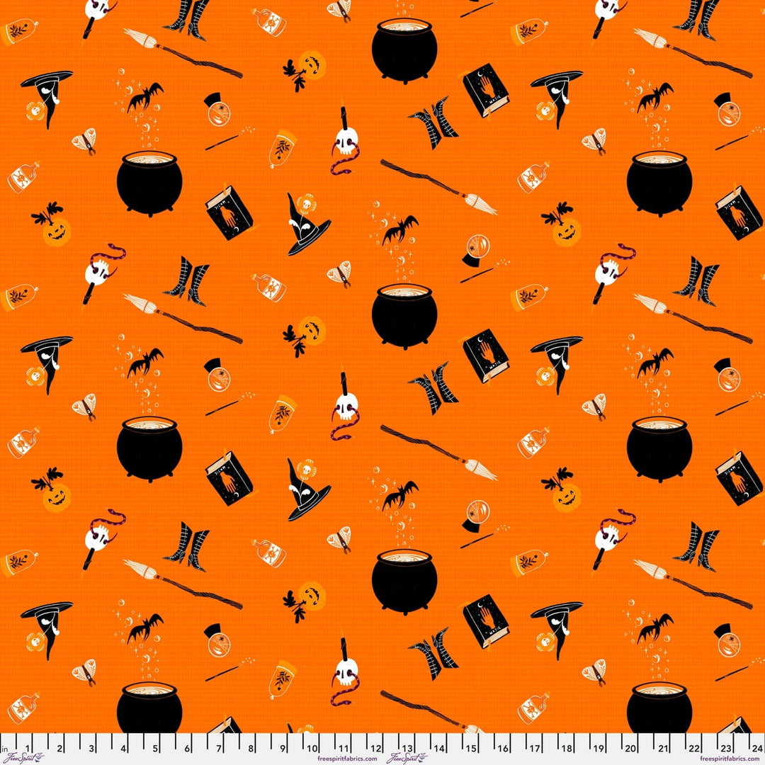 Witchy Wardrobe in Orange quilting fabric, part of the Witchy Ways fabric collection by Cori Dantini (SKU: PWCD143.XORANGE)