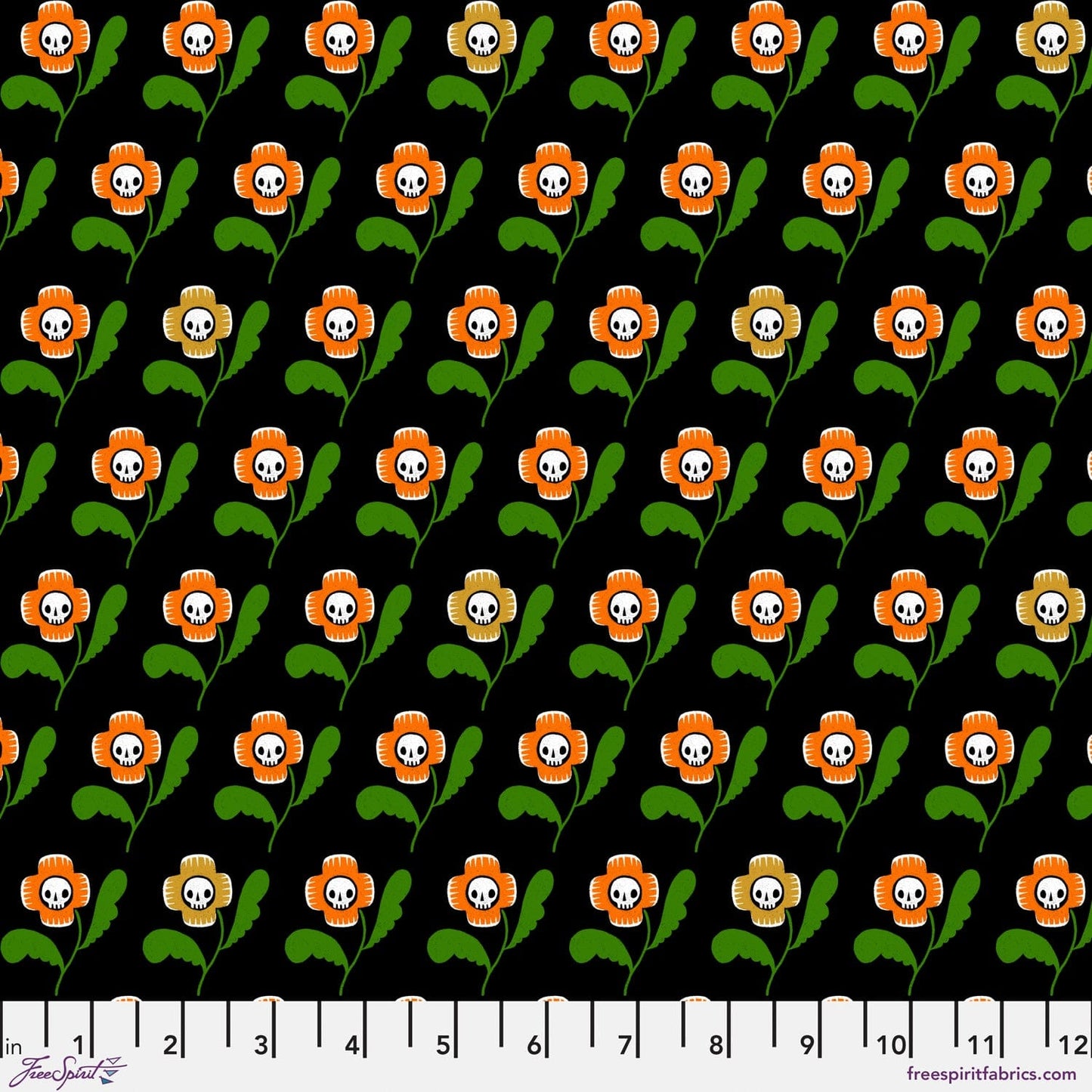 Skull Flowers in Black quilting fabric, part of the Witchy Ways fabric collection by Cori Dantini (SKU: PWCD144.XBLACK)