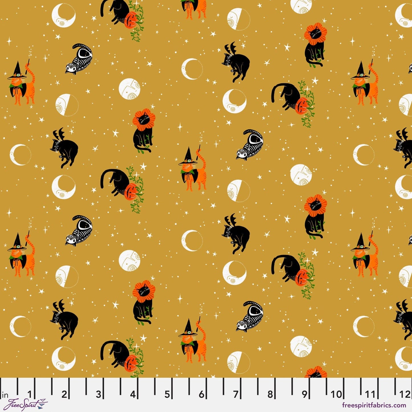 Meow at the Moon in Gold quilting fabric, part of the Witchy Ways fabric collection by Cori Dantini (SKU: PWCD145.XGOLD)