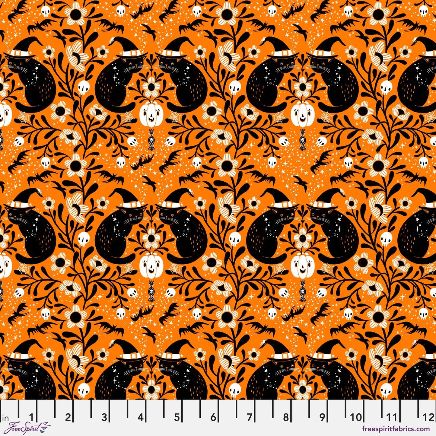 Witchy Kitty in Pumpkin quilting fabric, part of the Witchy Ways fabric collection by Cori Dantini (SKU: PWCD149.XPUMPKIN)