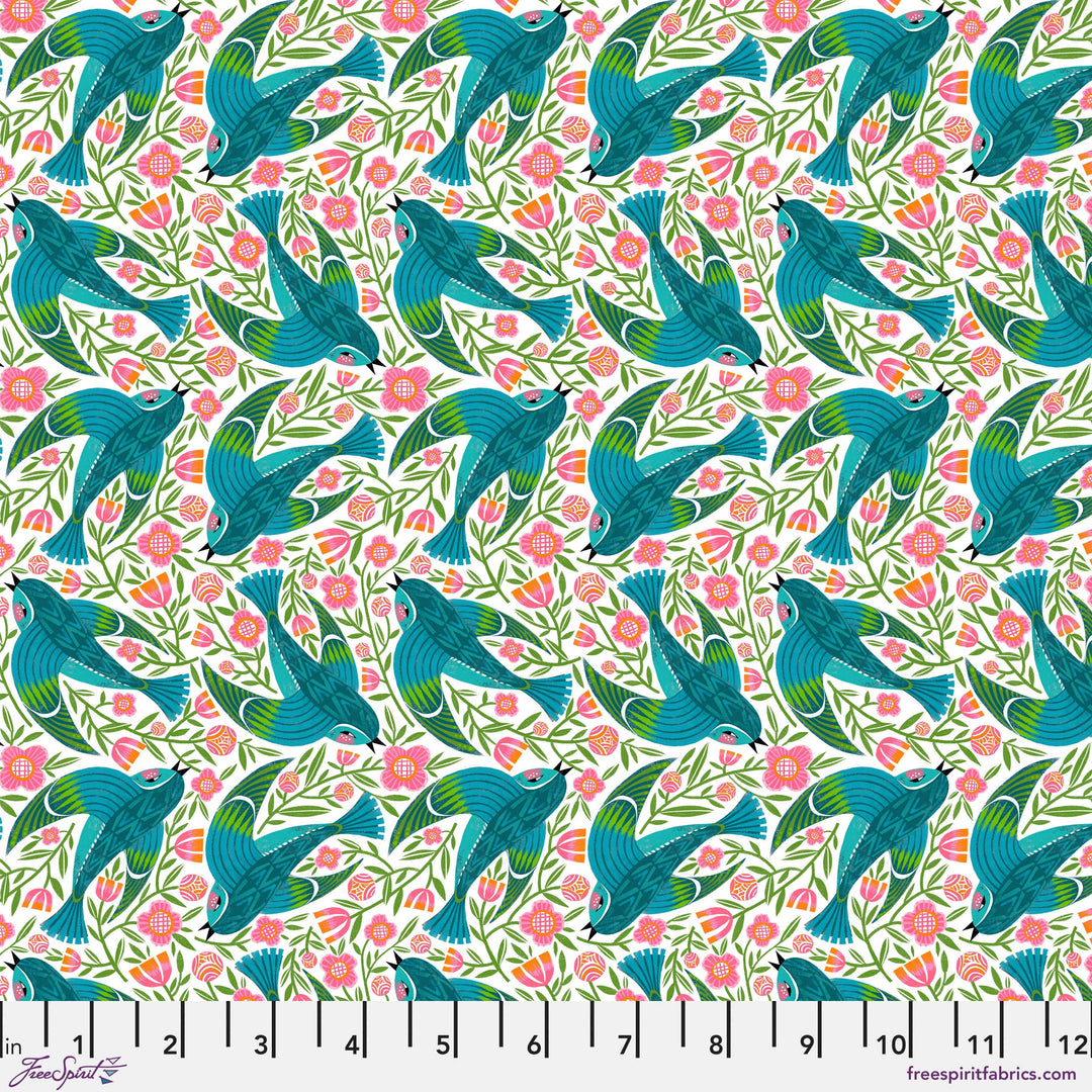 Blue Birdy quilting fabric, part of the What the Birds Said fabric collection by Cori Dantini (SKU: PWCD153.XWHITE)