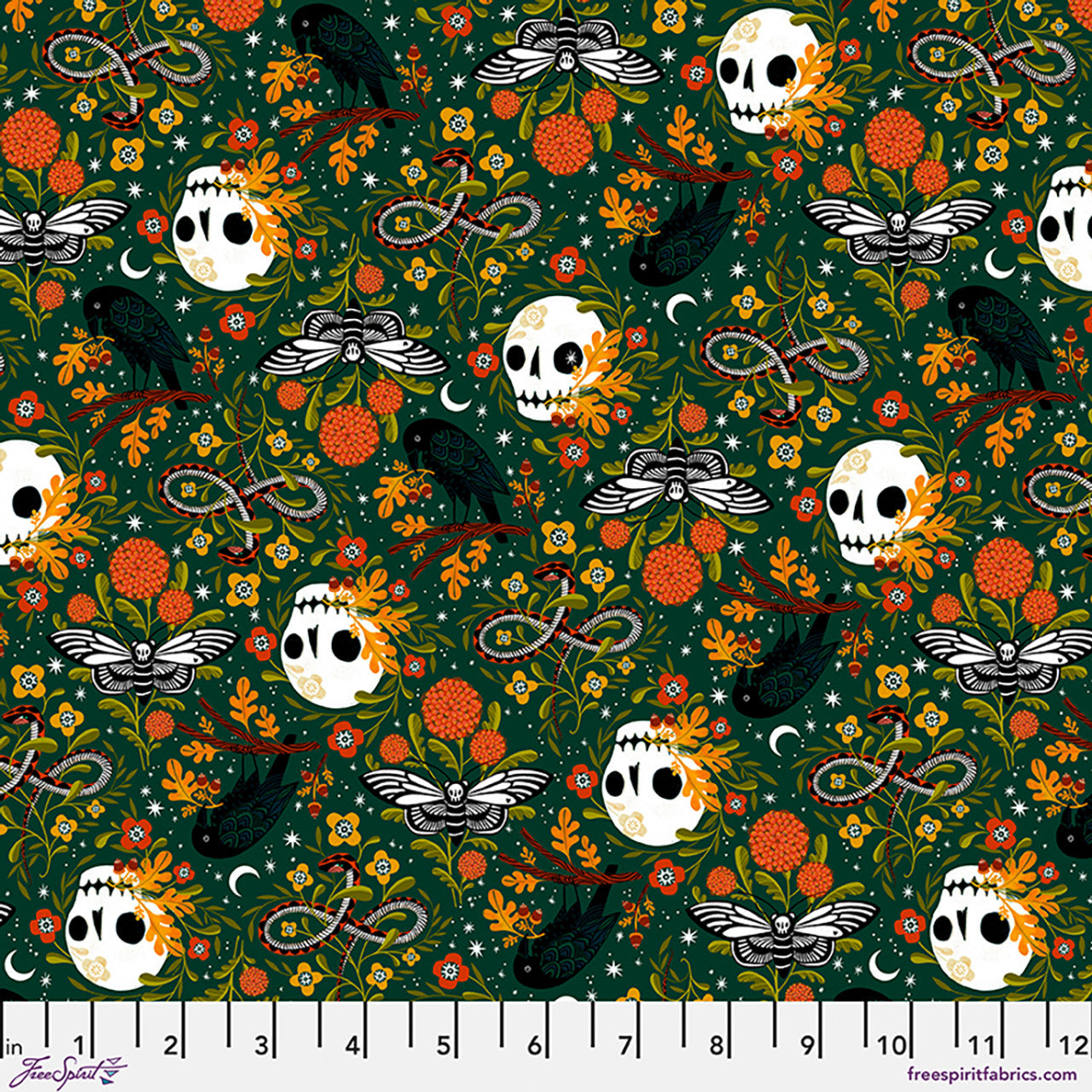 Fright quilting fabric, part of the More Than Bones fabric collection by Cori Dantini (SKU: PWCD164.XHUNTER)