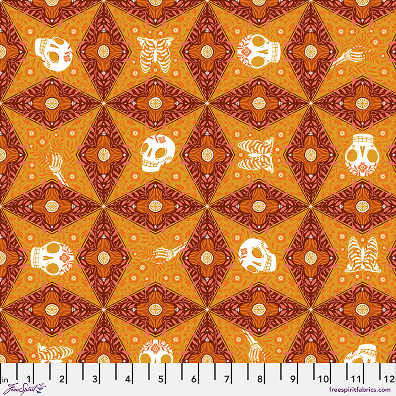 Rattled to the Bone quilting fabric, part of the More Than Bones fabric collection by Cori Dantini (SKU: PWCD165.XMARIGOLD)