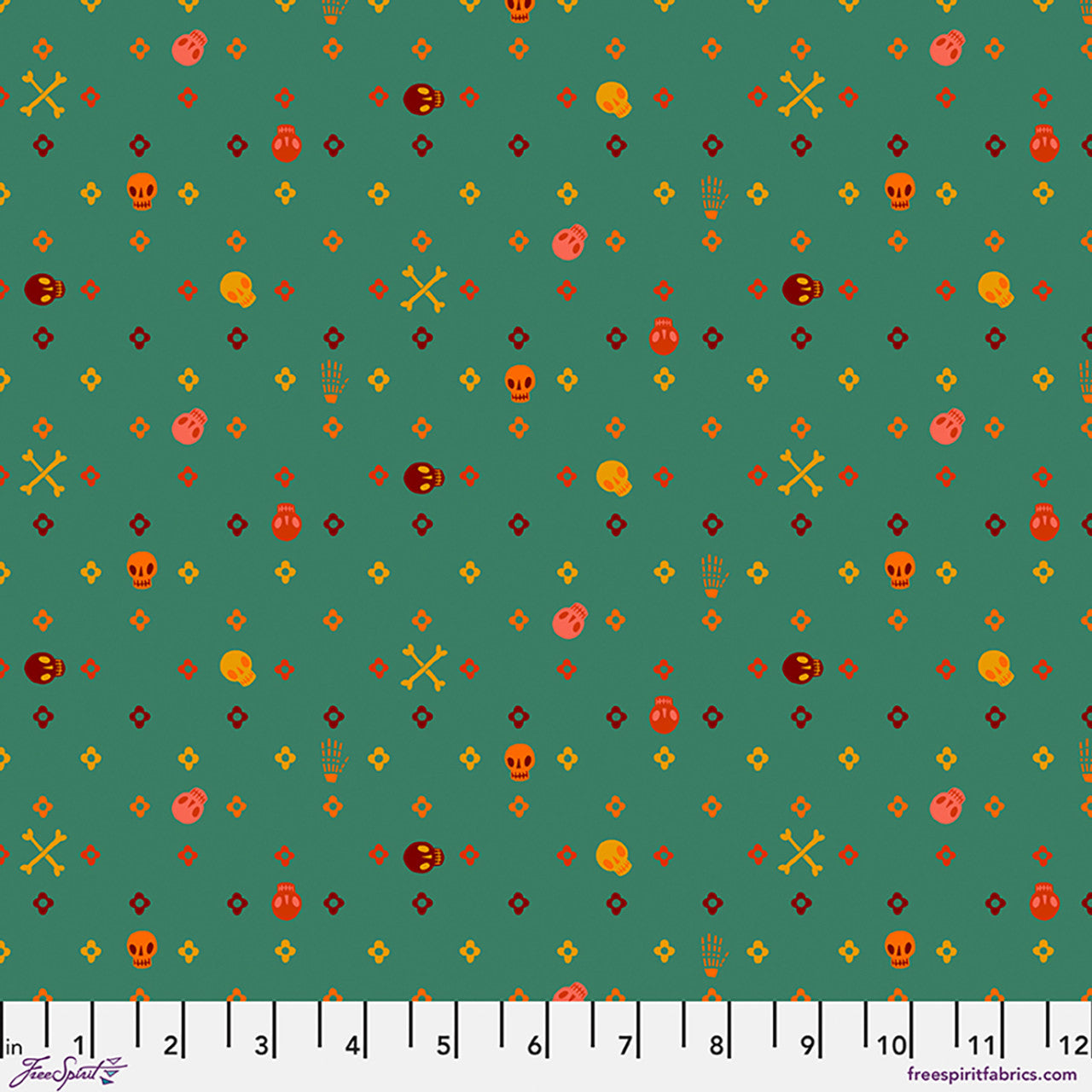 Flowery Bones quilting fabric, part of the More Tan Bones fabric collection by Cori Dantini (SKU: PWCD170.XTEAL)