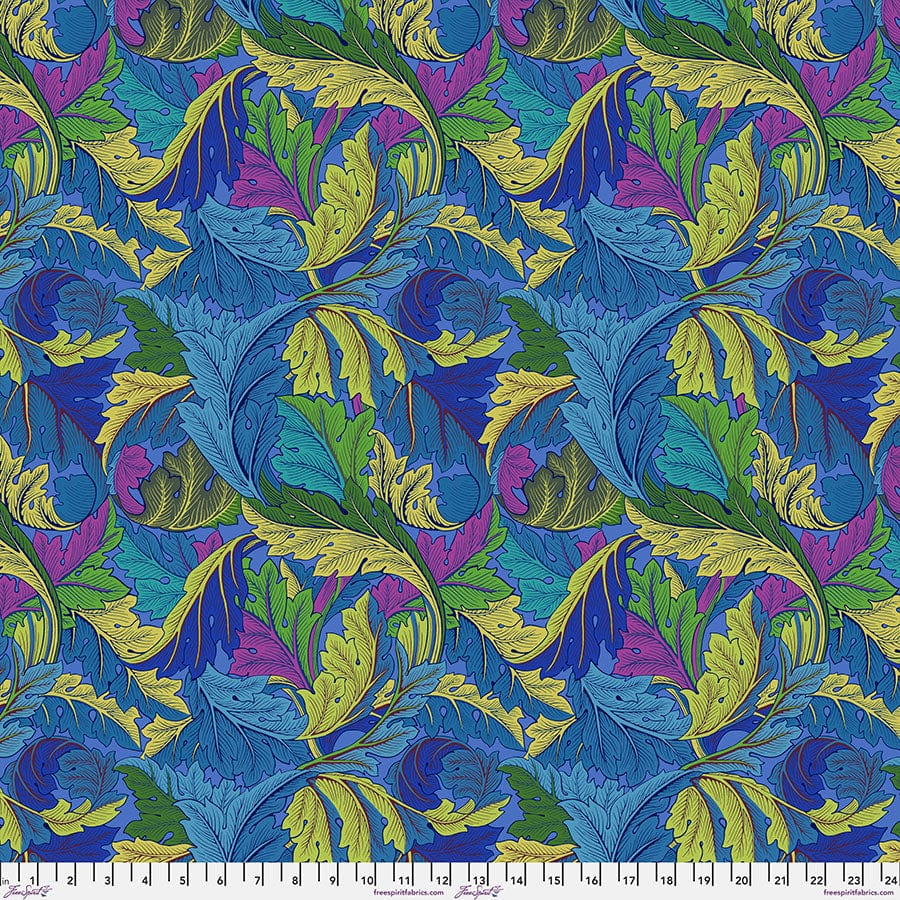 Cotton quilting fabric pattern called 'Acanthus in Cobalt'. Part of the 'Kaffe x The Original Morris & Co.' fabric collection. Designed by Kaffe Fassett and William Morris for fabric company Free Spirit Fabrics. SKU: PWKW006.COBALT. 44-45 inch width.