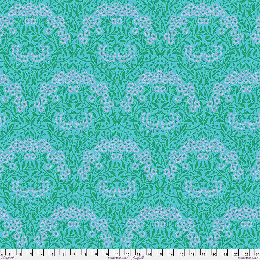 Cotton quilting fabric pattern called 'Michaelmas Daisy in Aqua'. Part of the 'Kaffe x The Original Morris & Co.' fabric collection. Designed by Kaffe Fassett and William Morris for fabric company Free Spirit Fabrics. SKU: PWKW007.AQUA. 44-45 inch width.