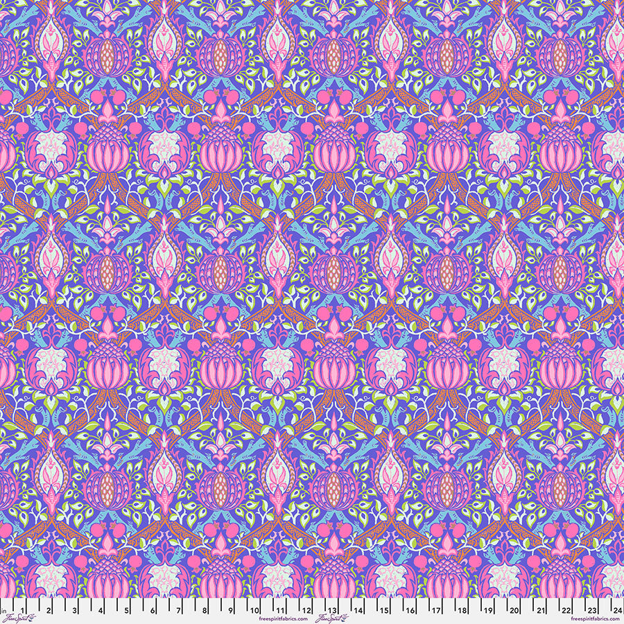 Cotton quilting fabric pattern called 'Granada in Purple'. Part of the 'Kaffe x The Original Morris & Co.' fabric collection. Designed by Kaffe Fassett and William Morris for fabric company Free Spirit Fabrics. SKU: PWKW008.PURPLE. 44-45 inch width.