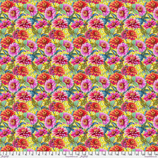 SM Zinnias in Green fabric, part of the Festival fabric collection by Odile Bailloeul (SKU: PWOB121.GREEN)