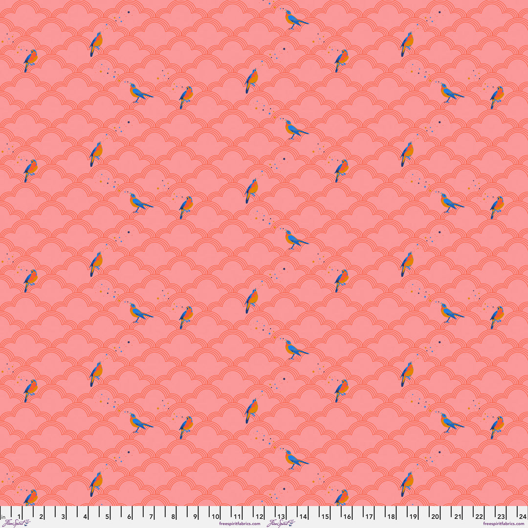 Cotton quilting fabric pattern called 'Nightingale in Peach'. Part of the 'Mythical' fabric collection. Designed by Stacy Peterson for fabric company FreeSpirit Fabrics. SKU: PWST019.XPEACH. 44-45 inch width.