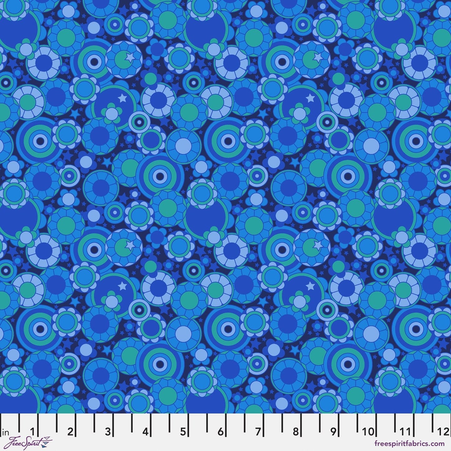 Cotton quilting fabric pattern called 'Mythical Bloom in Blue'. Part of the 'Mythical' fabric collection. Designed by Stacy Peterson for fabric company FreeSpirit Fabrics. SKU: PWST020.XBLUE. 44-45 inch width.