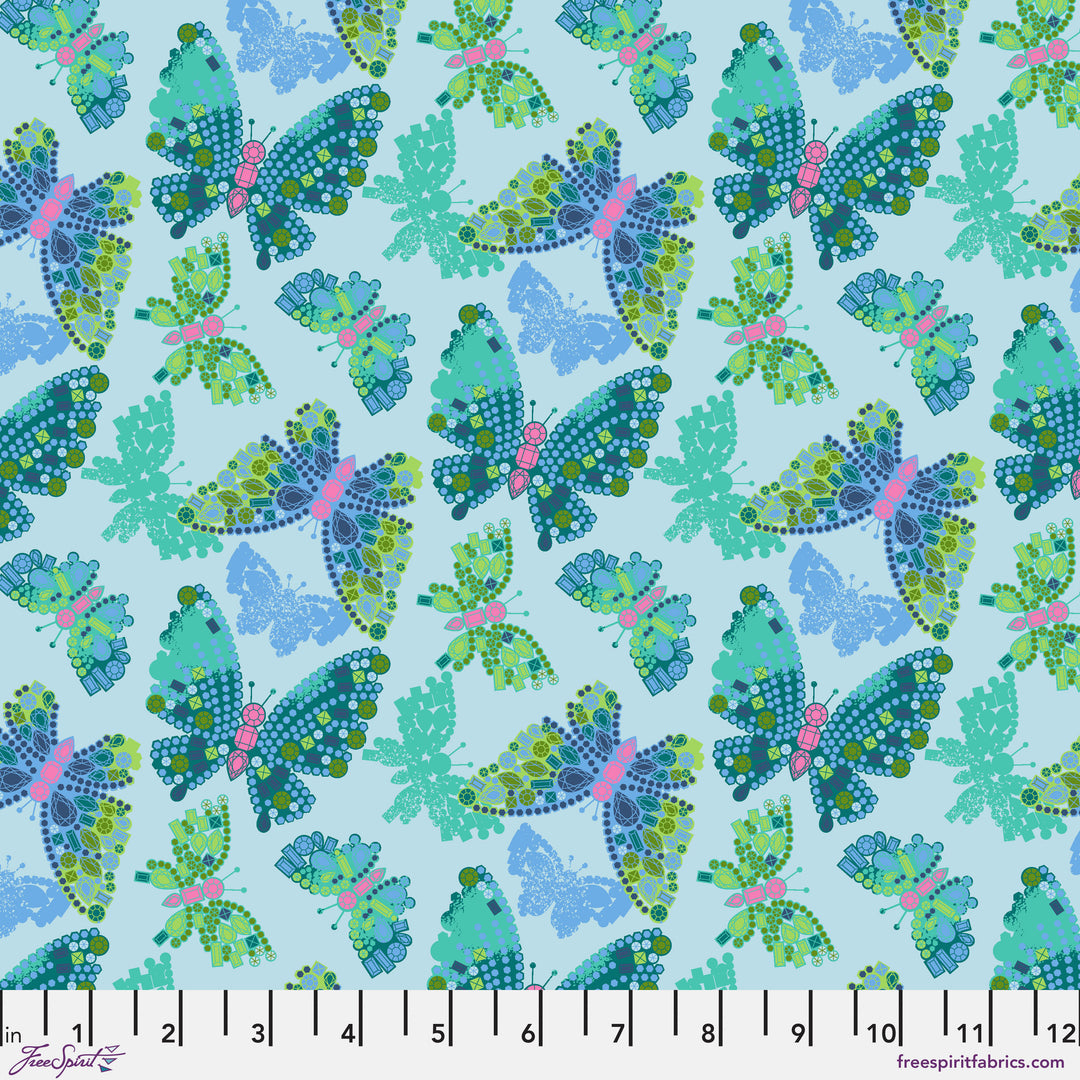 Butterfly Brooch in Sky quilting fabric, part of the Market Days fabric collection by Stacy Peterson (SKU: PWST047.SKY)