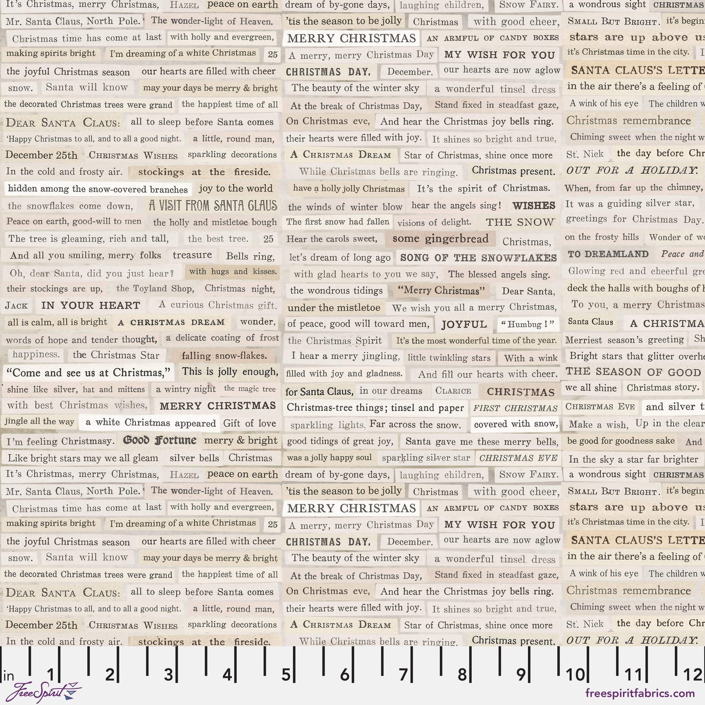 Cotton quilting fabric pattern called 'Christmas Clippings in Neutral'. Part of the 'Holidays Past' fabric collection. Designed by Tim Holtz for fabric company Free Spirit. SKU: PWTH203.NEUTRAL. 44-45 inch width.