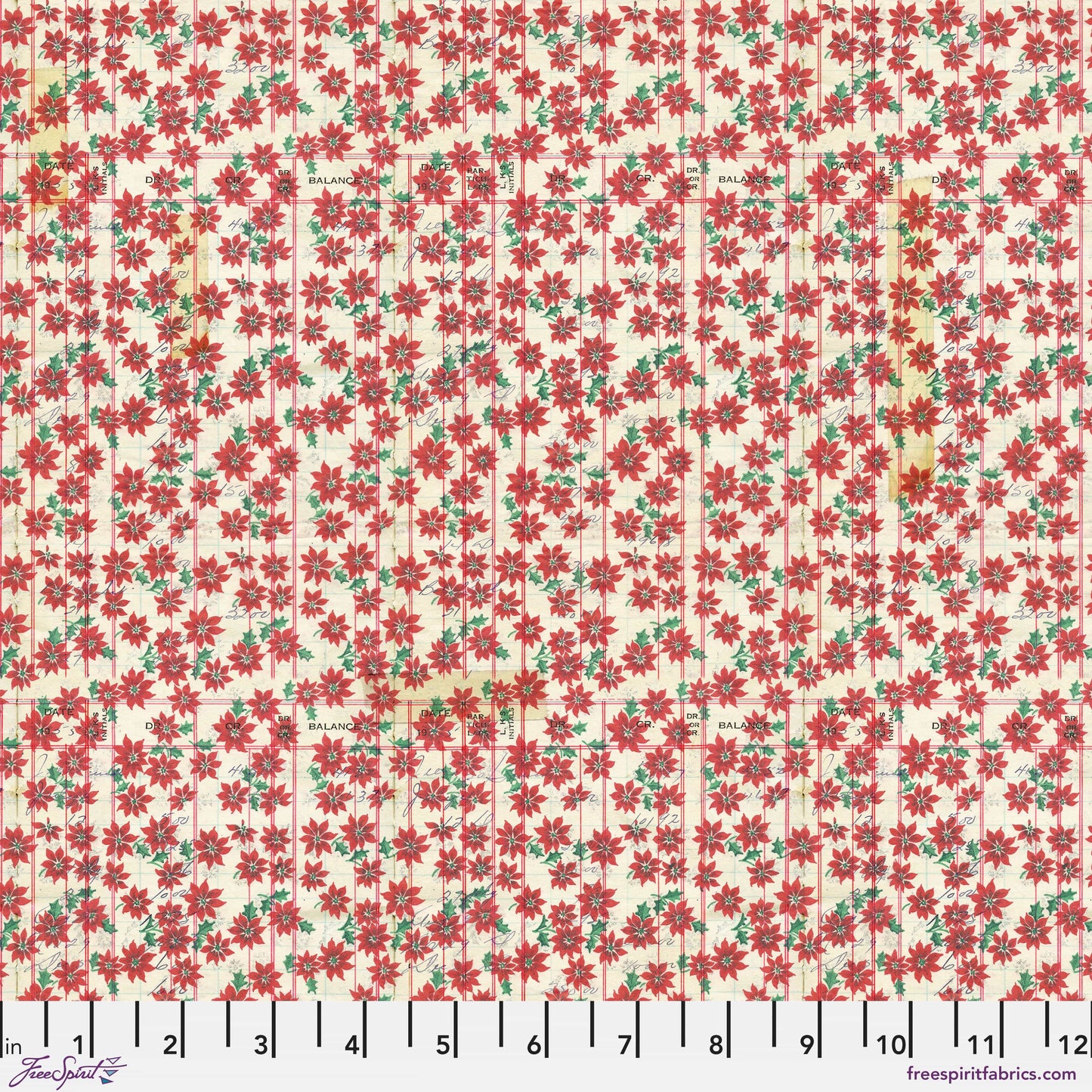 Cotton quilting fabric pattern called 'Festive Ledger in Red'. Part of the 'Holidays Past' fabric collection. Designed by Tim Holtz for fabric company Free Spirit. SKU: PWTH205.RED. 44-45 inch width.