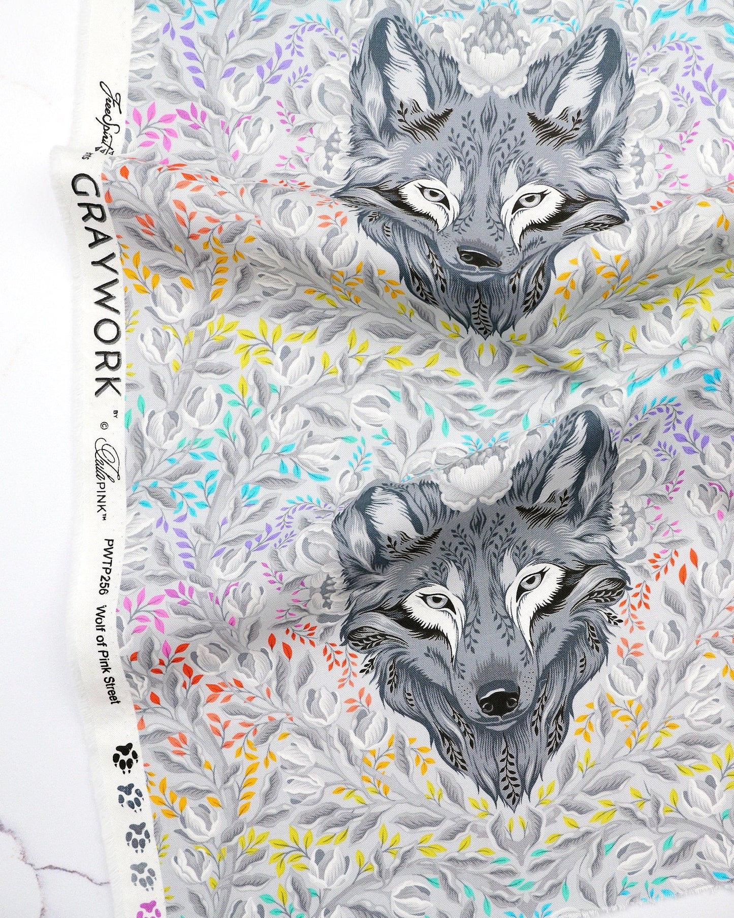 Wolf of Pink Street in Fog quilting fabric, part of the Graywork fabric collection by Tula Pink (SKU: PWTP256.FOG)