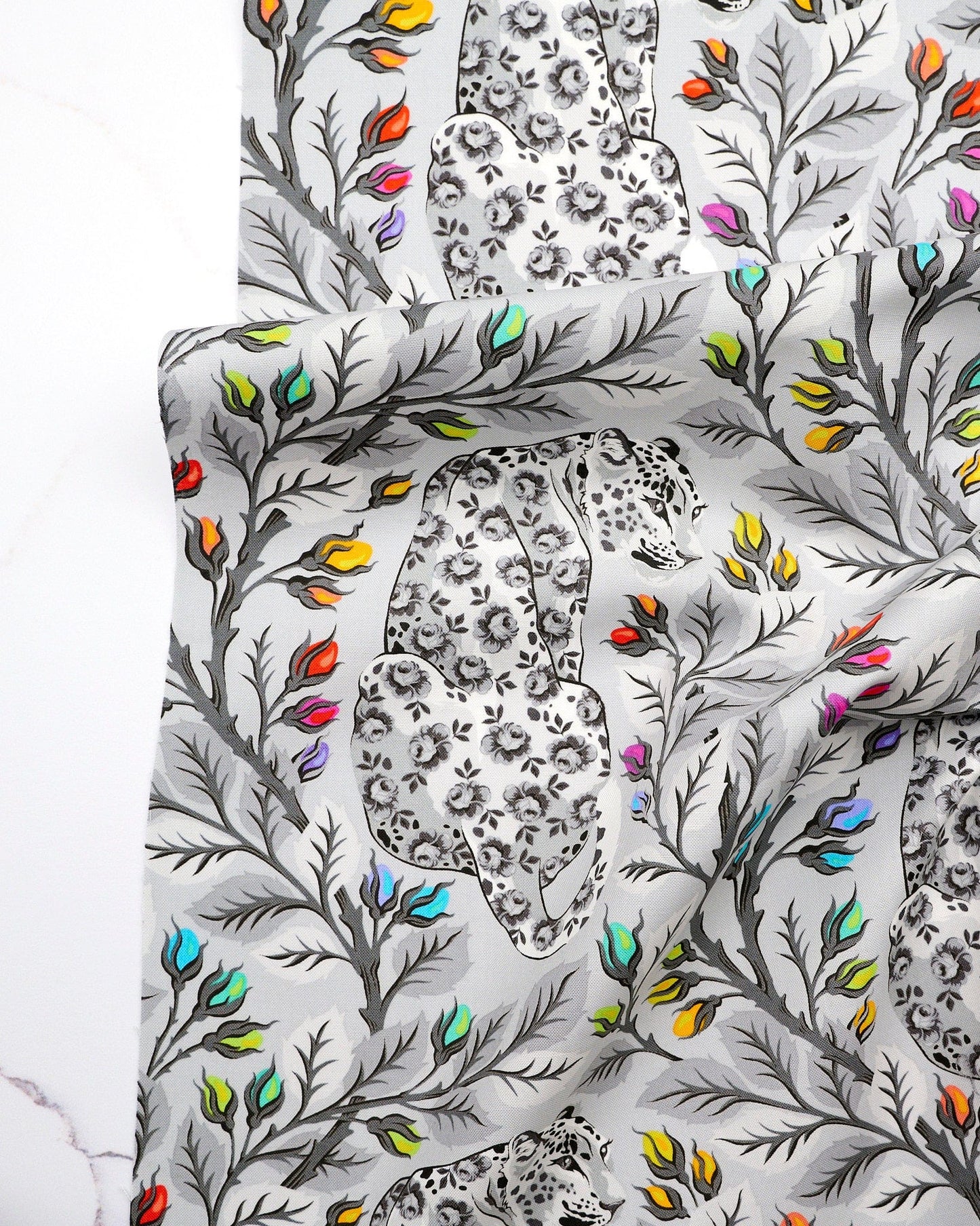 Beautymark in Fog quilting fabric, part of the Graywork fabric collection by Tula Pink (SKU: PWTP257.FOG)