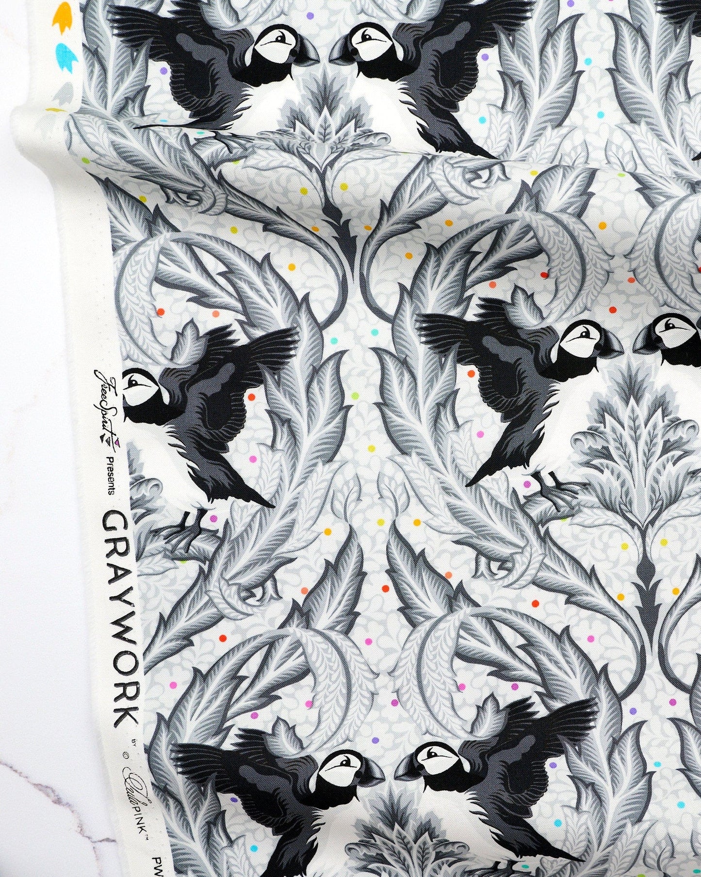 Huffin and Puffin in Whisper quilting fabric, part of the Graywork fabric collection by Tula Pink (SKU: PWTP260.WHISPER)