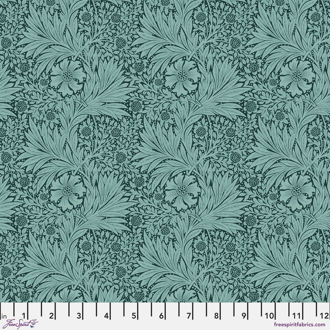 Marigold in Teal quilting fabric, part of the Bedford Park fabric collection by Morris & Co (SKU: PWWM006.TEAL)
