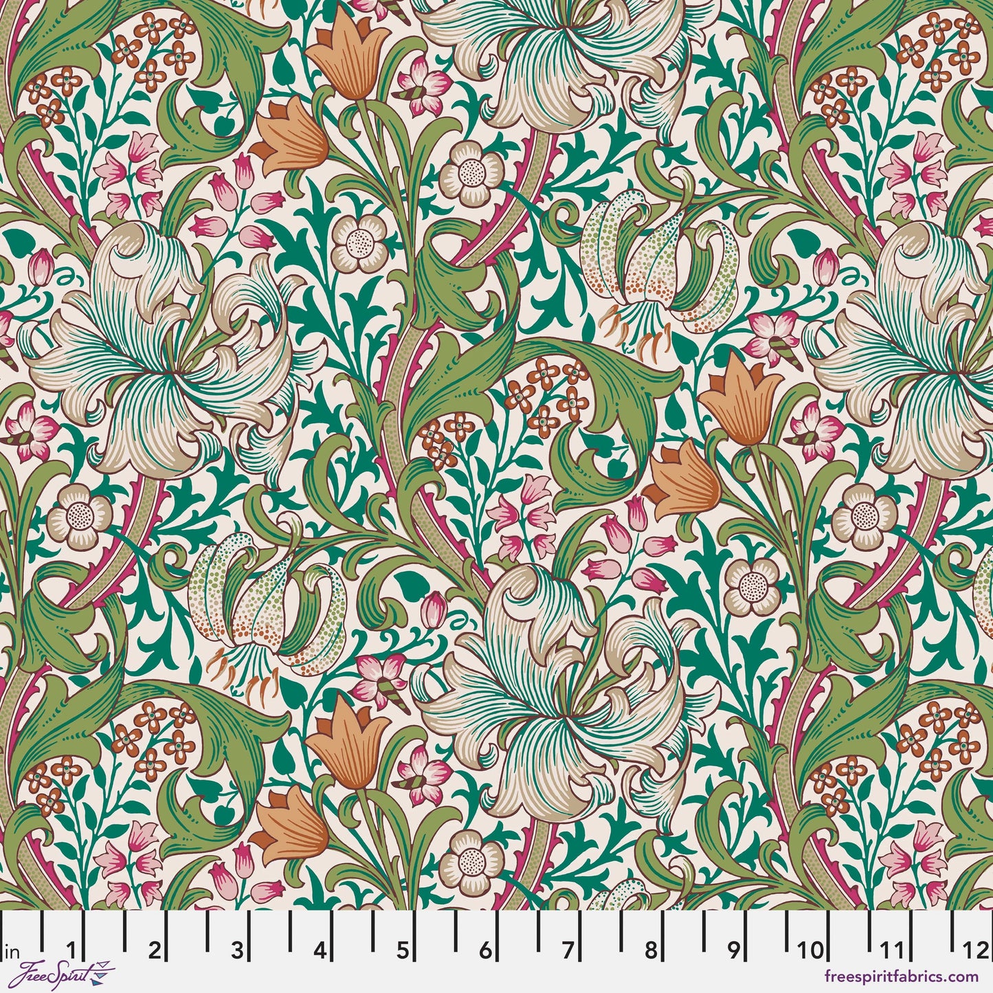 Golden Lily in Fuchsia quilting fabric, part of the Bedford Park fabric collection by Morris & Co (SKU: PWWM028.FUCHSIA)