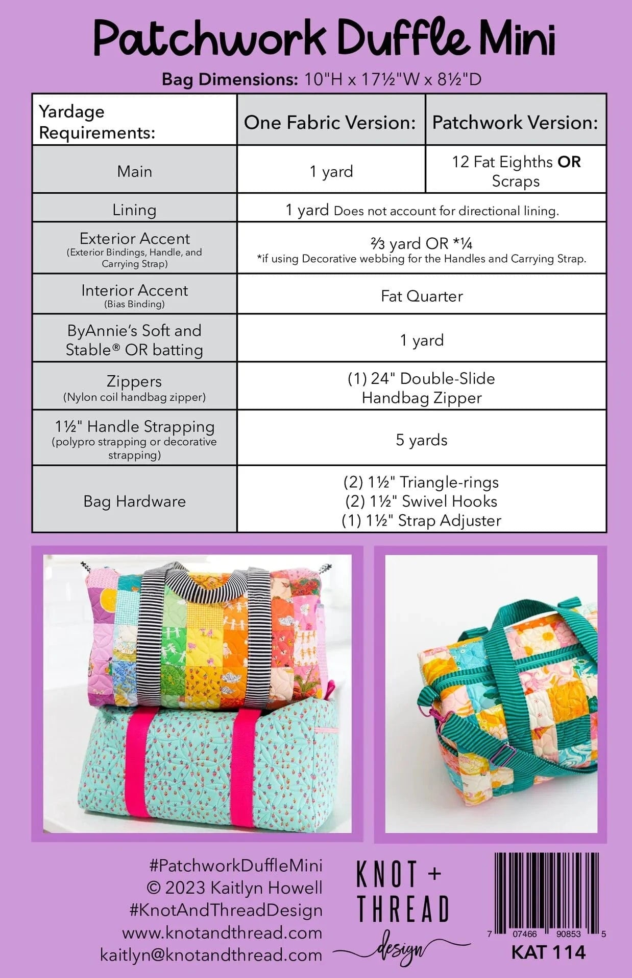 Patchwork Duffle Mini - Knot and Thread Designs - KAT 114 - Printed Pattern