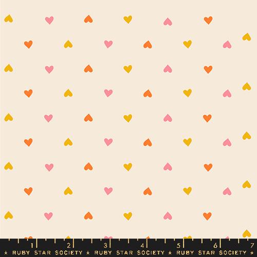 Cotton quilting fabric pattern called 'Hearts in Multi'. Part of the 'Juicy' fabric collection. Designed by Melody Miller for fabric company Ruby Star Society. SKU: RS0091 12. 44-45 inch width.