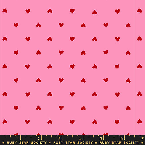 Hearts in Flamingo quilting fabric, part of the Trinketry fabric collection by Melody Miller (SKU: RS0091 27)
