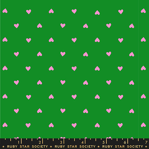 Hearts in Deep Verdant Neon quilting fabric, part of the Trinketry fabric collection by Melody Miller (SKU: RS0091 34)