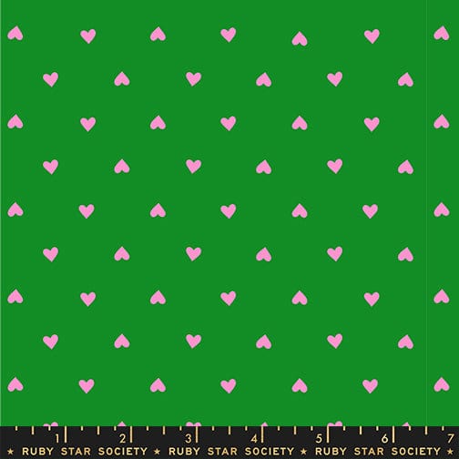 Hearts in Deep Verdant Neon quilting fabric, part of the Trinketry fabric collection by Melody Miller (SKU: RS0091 34)