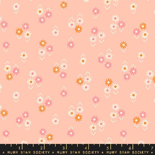 Cotton quilting fabric pattern called 'Baby Flowers in Peach'. Part of the 'Juicy' fabric collection. Designed by Melody Miller for fabric company Ruby Star Society. SKU: RS0092 12. 44-45 inch width.