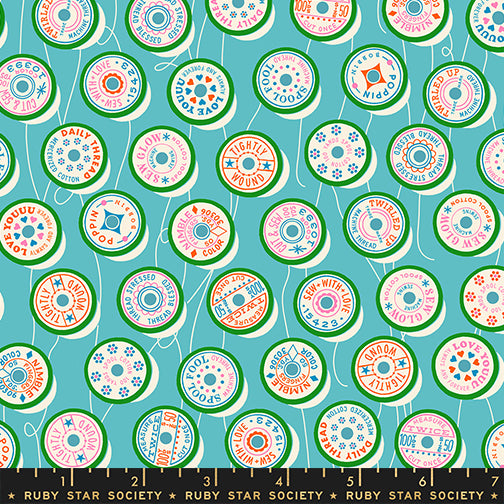 Spools in Turquoise quilting fabric, part of the Trinketry fabric collection by Melody Miller (SKU: RS0111 18)