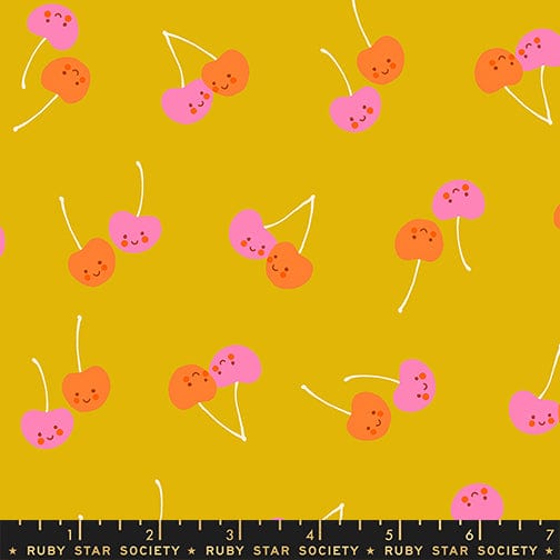 Cherry Friends in Goldenrod quilting fabric, part of the Trinketry fabric collection by Melody Miller (SKU: RS0112 12)