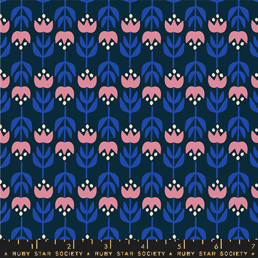 Cotton quilting fabric pattern called 'Gathering in Teal Navy'. Part of the 'Woodland Park' fabric collection. Designed by Rashida Coleman Hale for fabric company Ruby Star Society. SKU: RS1084 14. 44-45 inch width.