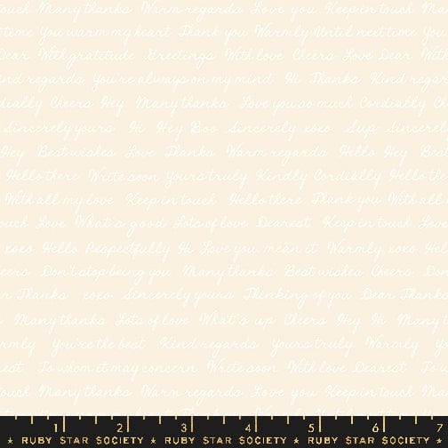 A closeup shot of the quilting fabric pattern called Hello Goodbye, designed by Rashida Coleman Hale, in the natural colorway. The SKU is RS1096 11.