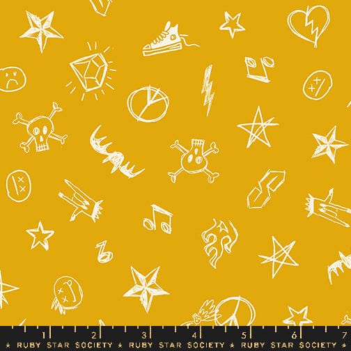 Cotton quilting fabric pattern called 'Groupie in Goldenrod'. Part of the 'Teddy And The Bears' fabric collection. Designed by Sarah Watts for fabric company Ruby Star Society. SKU: RS2104 14G. 44-45 inch width.