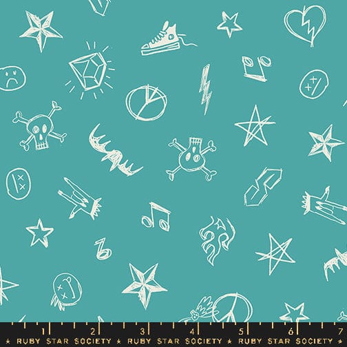 Cotton quilting fabric pattern called 'Groupie in Succulent'. Part of the 'Teddy And The Bears' fabric collection. Designed by Sarah Watts for fabric company Ruby Star Society. SKU: RS2104 17G. 44-45 inch width.