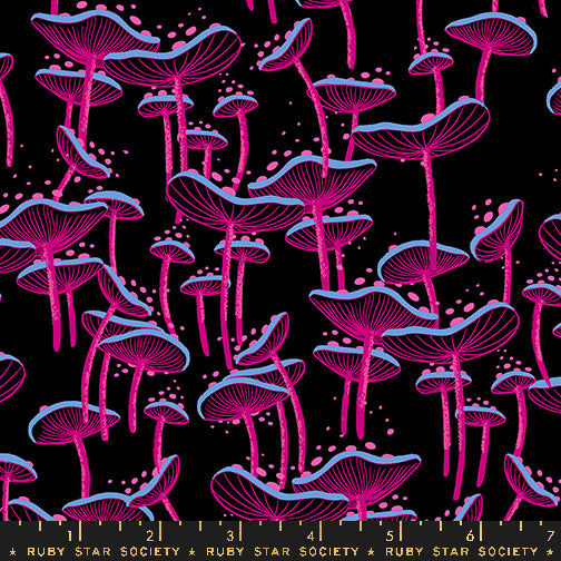 A closeup shot of the quilting fabric pattern called Fungi Novelty Mushrooms, designed by Sarah Watts, in the colorway black. The SKU is RS2115 17