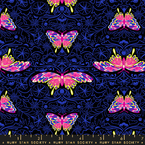 A closeup shot of the quilting fabric pattern called Morning Moth, designed by Sarah Watts, in the black colorway. The SKU is RS2116 19.