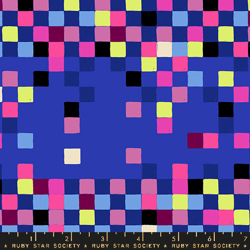 A closeup shot of the quilting fabric pattern called Pixels, designed by Sarah Watts, in the blacklight colorway. The SKU is RS2117 14.