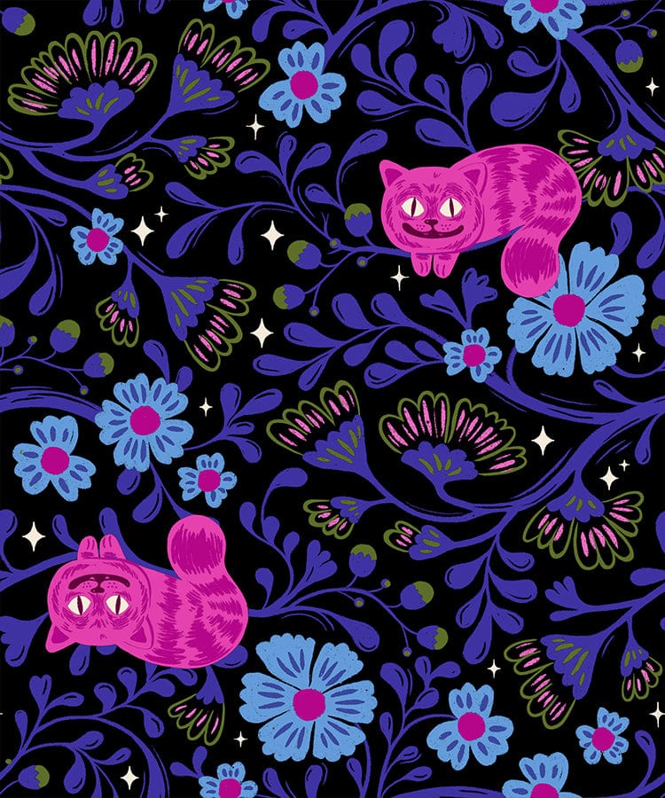 A closeup shot of the quilting fabric pattern called Cheshire, designed by Sarah Watts for Ruby Star Society, in the black colorway. The SKU is RS2123 14.