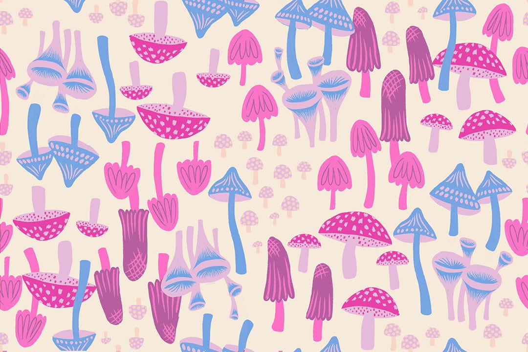 A closeup shot of the quilting fabric pattern called Mushroom Land, designed by Sarah Watts for Ruby Star Society, in the shell colorway. The SKU is RS2124 11.