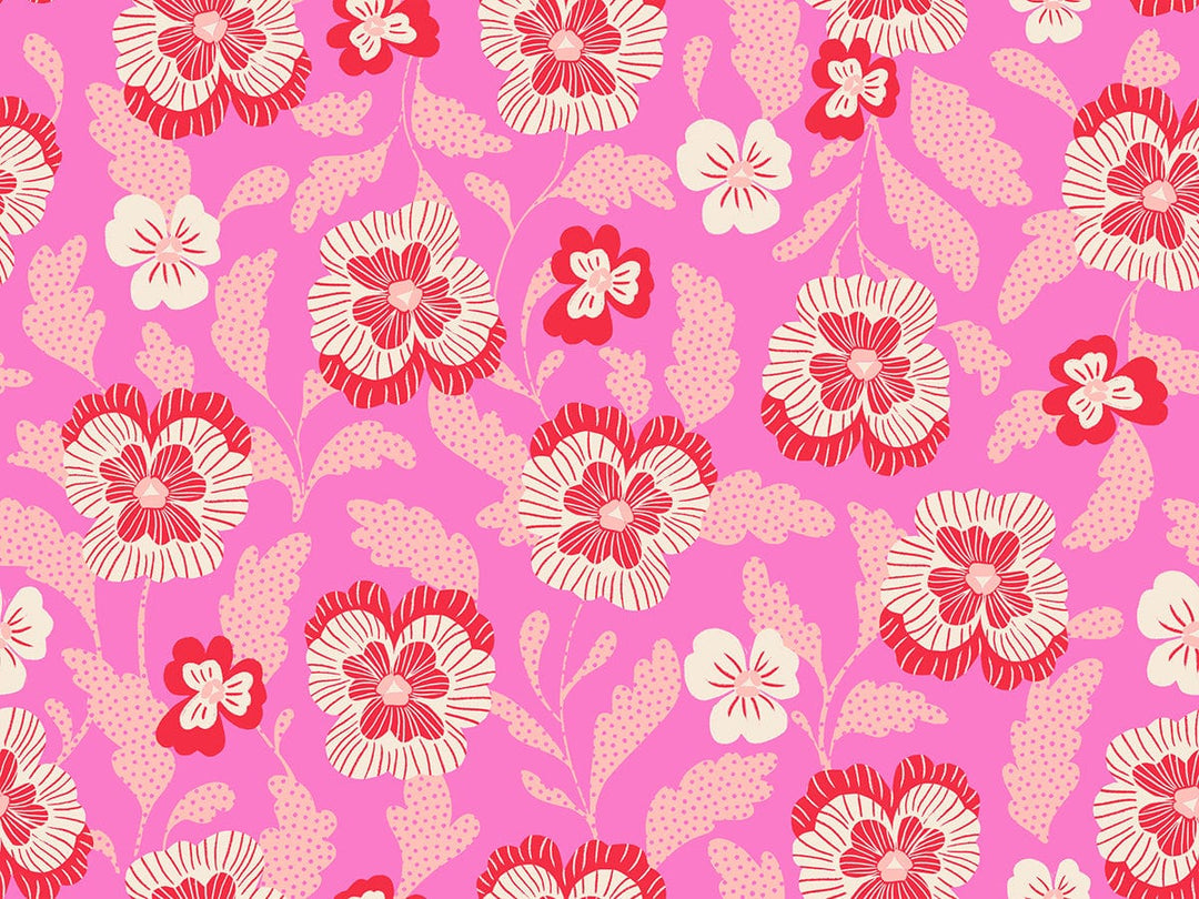 A closeup shot of the quilting fabric pattern called Violets, designed by Sarah Watts for Ruby Star Society, in the lipstick colorway. The SKU is RS2126 12.