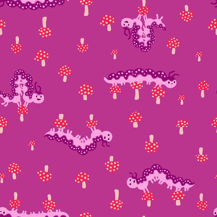 A closeup shot of the quilting fabric pattern called Caterpillar, designed by Sarah Watts for Ruby Star Society, in the berry colorway. The SKU is RS2127 11.