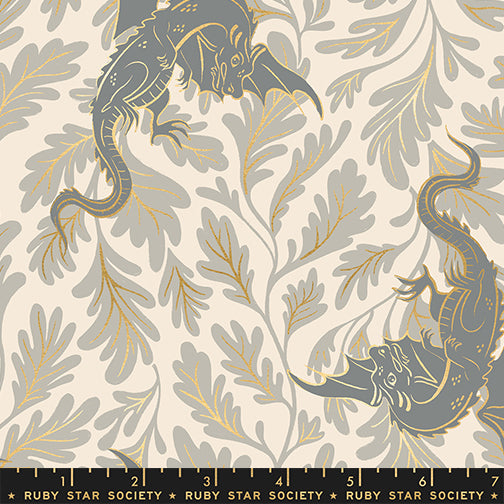 Dragon Lair in Metallic Oyster quilting fabric, part of the Fireglow fabric collection by Sarah Watts (SKU: RS2132 11M)