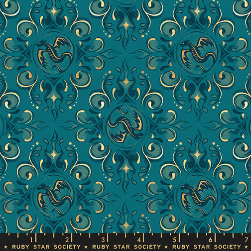 Emblem in Metallic Galaxy quilting fabric, part of the Fireglow fabric collection by Sarah Watts (SKU: RS2136 14M)