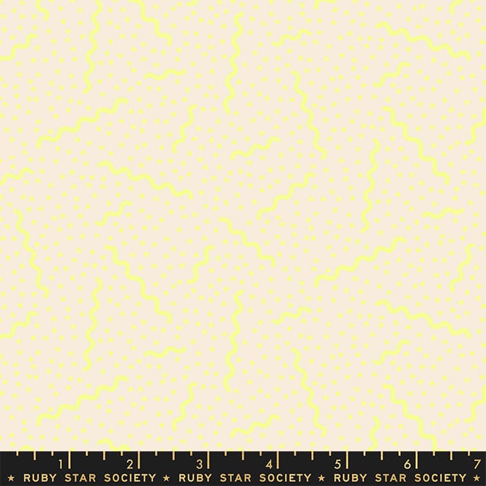 Cotton quilting fabric pattern called 'Ripple in Neon Yellow'. Part of the 'Sugar Cone' fabric collection. Designed by Ruby Star Society for fabric company Moda Fabrics. SKU: RS3067 12. 44-45 inch width.