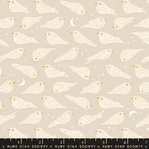 Cotton quilting fabric pattern called 'Whippoorwill in Sandbox'. Part of the 'Bird is the Word' fabric collection. Designed by Kimberly Kight for fabric company Ruby Star Society. SKU: RS3078 11. 44-45 inch width.