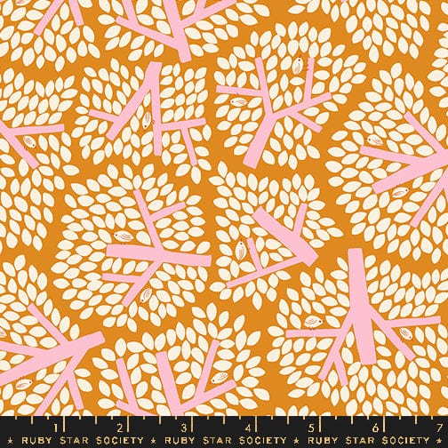 Cotton quilting fabric pattern called 'Canopy in Turmeric'. Part of the 'Bird is the Word' fabric collection. Designed by Kimberly Kight for fabric company Ruby Star Society. SKU: RS3080 14. 44-45 inch width.