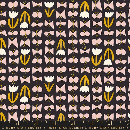 Cotton quilting fabric pattern called 'Butterflies in Soft Black'. Part of the 'Bird is the Word' fabric collection. Designed by Kimberly Kight for fabric company Ruby Star Society. SKU: RS3081 16. 44-45 inch width.