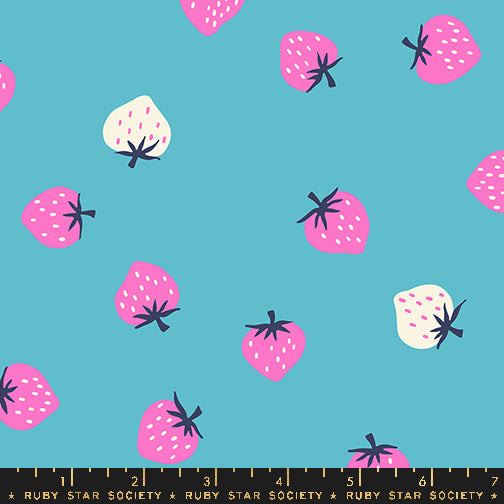 Strawberry Toss in Turquoise quilting fabric, part of the Strawberry fabric collection by Kimberly Kight (SKU: RS3085 20)