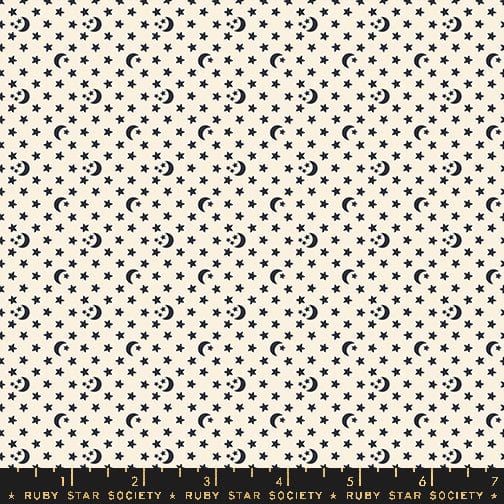 Cotton quilting fabric pattern called 'Moon and Stars in Natural'. Part of the 'Ooh Lucky Lucky' fabric collection. Designed by Alexia Abegg for fabric company Ruby Star Society. SKU: RS4118 11. 44-45 inch width.